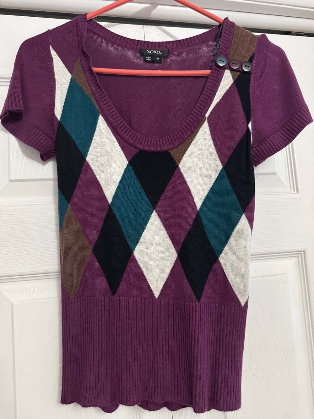 XOXO Women's Argyle Short Sleeve Sweater Size M